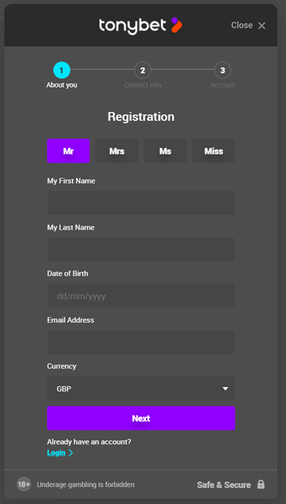 TonyBet Registration 