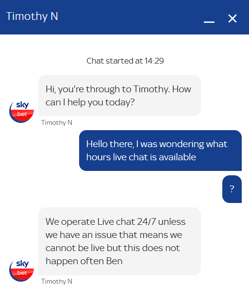 Screenshot Of Sky Bet Live Chat.