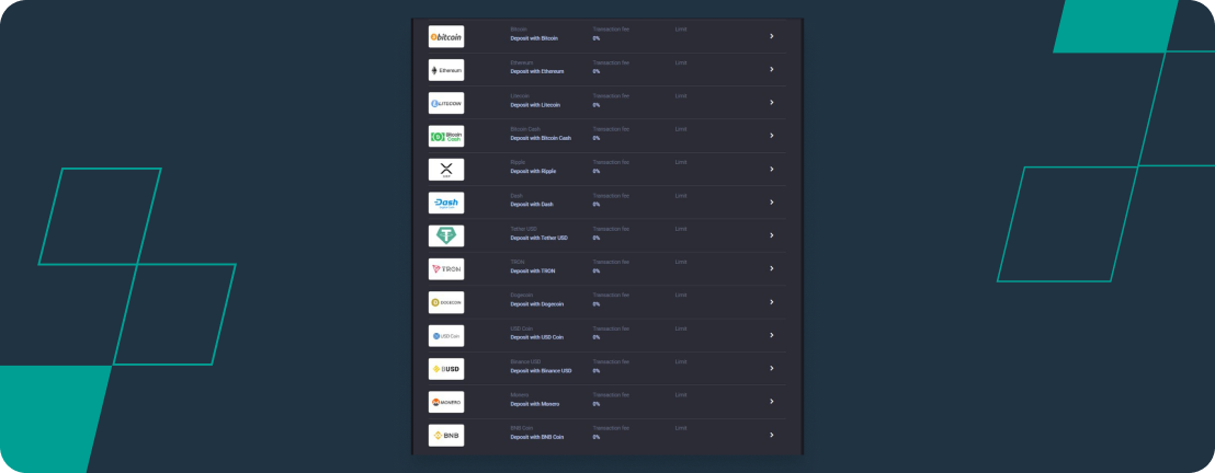 Screenshot of the cryptocurrency deposit options on MyStake.