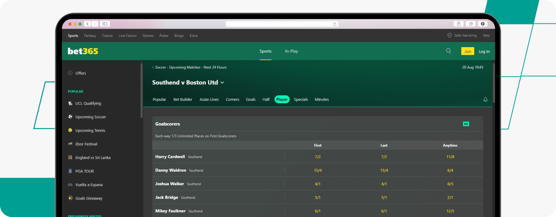 screenshot showing bet365 first goal scorer odds