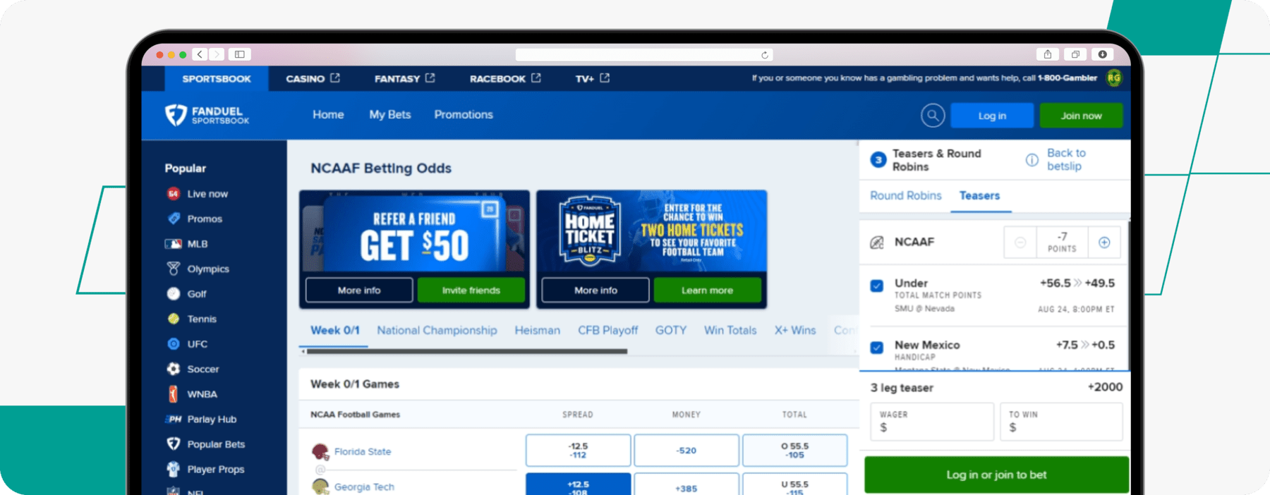 screenshot of fanduel reverse teaser bet