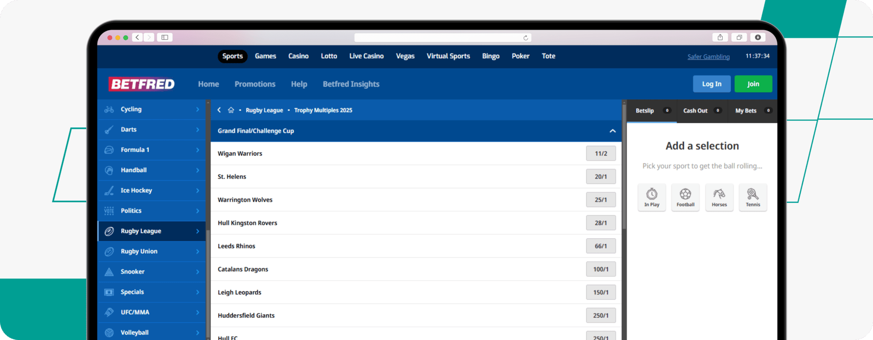 screenshot of betfred's rugby betting odds