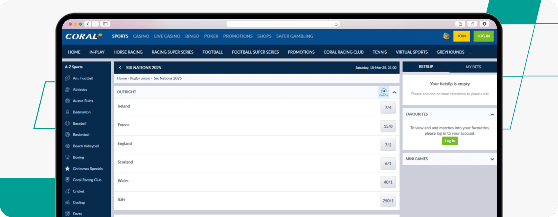 screenshot of coral's rugby betting odds