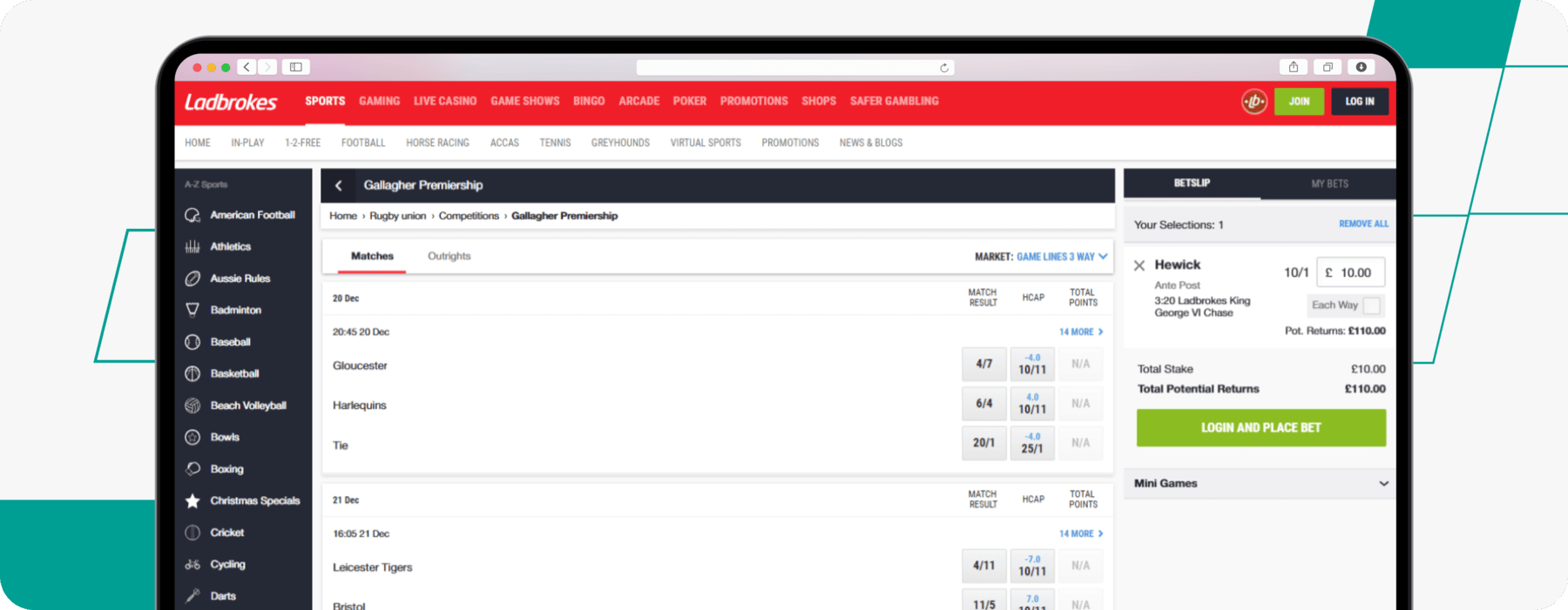 screenshot of ladbrokes' rugby betting odds