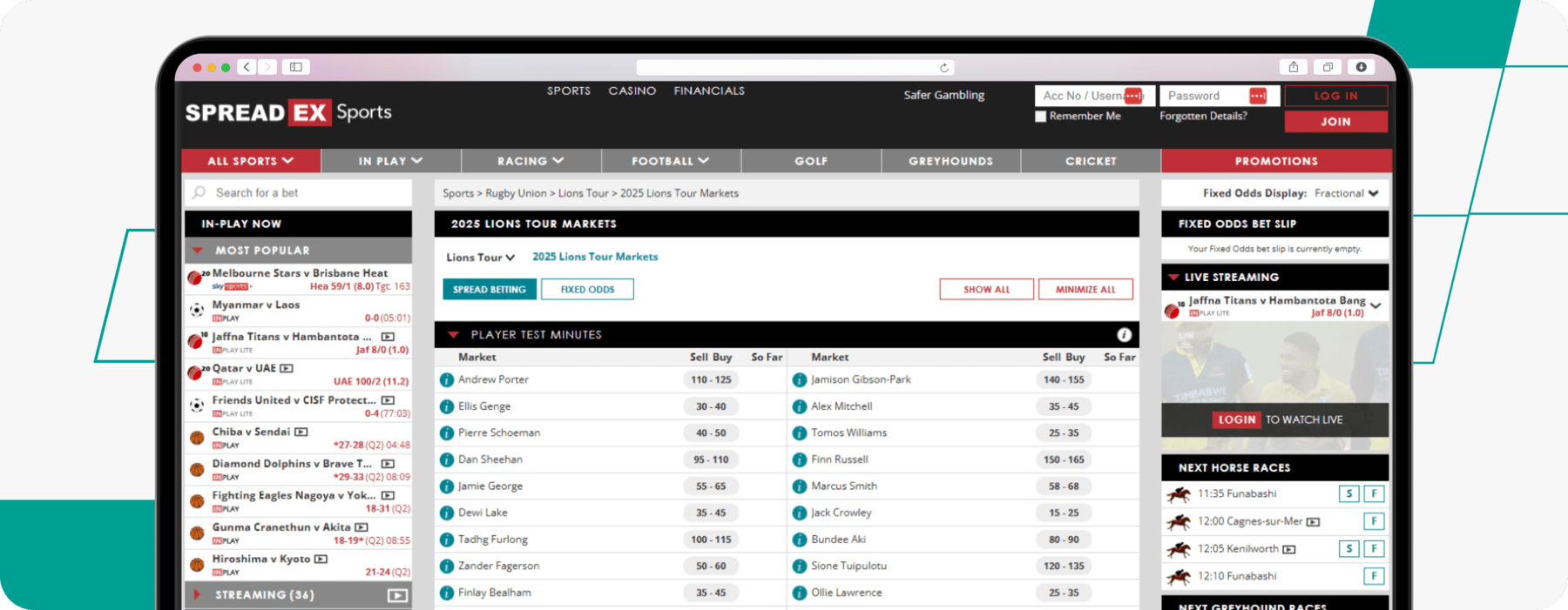 screenshot of spreadex rugby betting odds