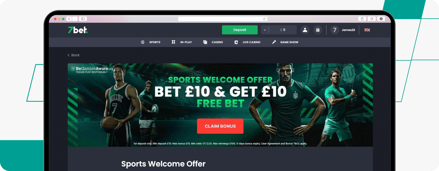 screenshot of 7bet sports welcome offer