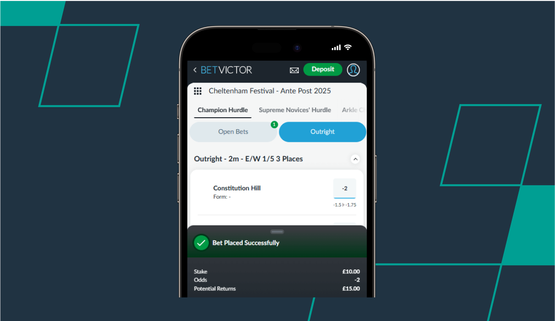 screenshot of betvictor bet placed confirmation