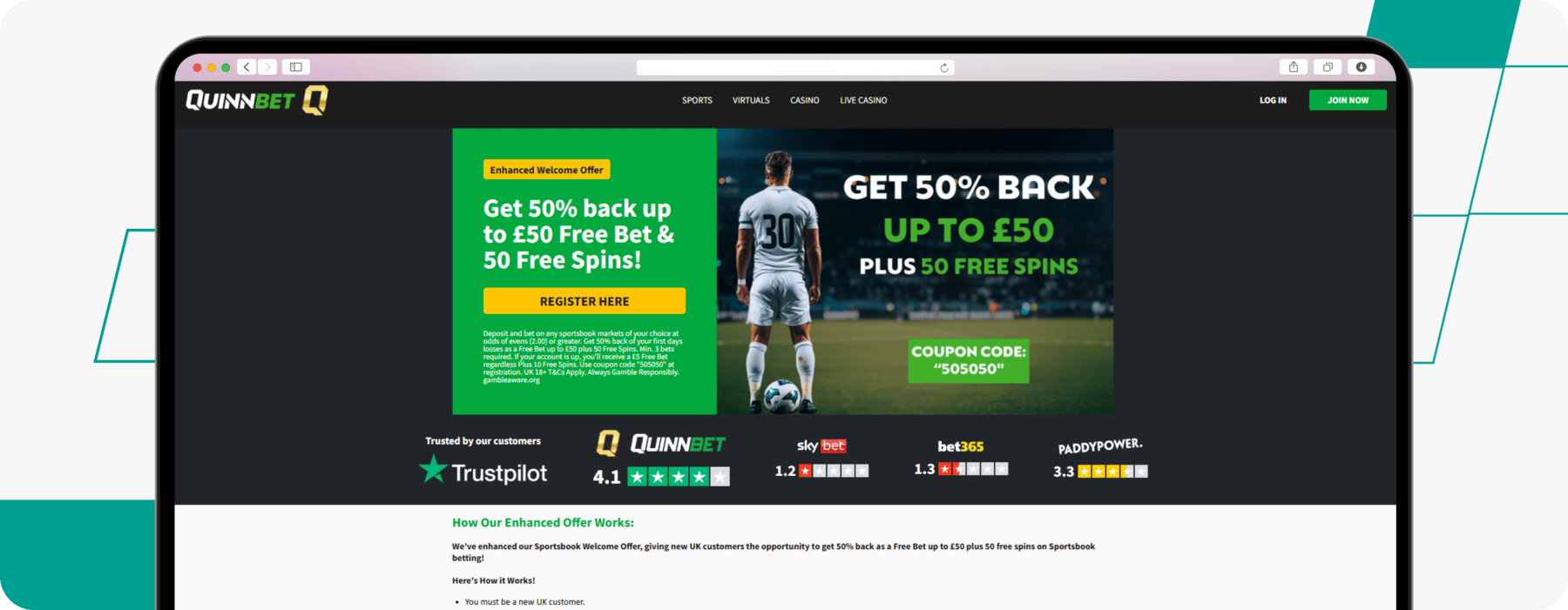 screenshot of quinnbet sports welcome offer